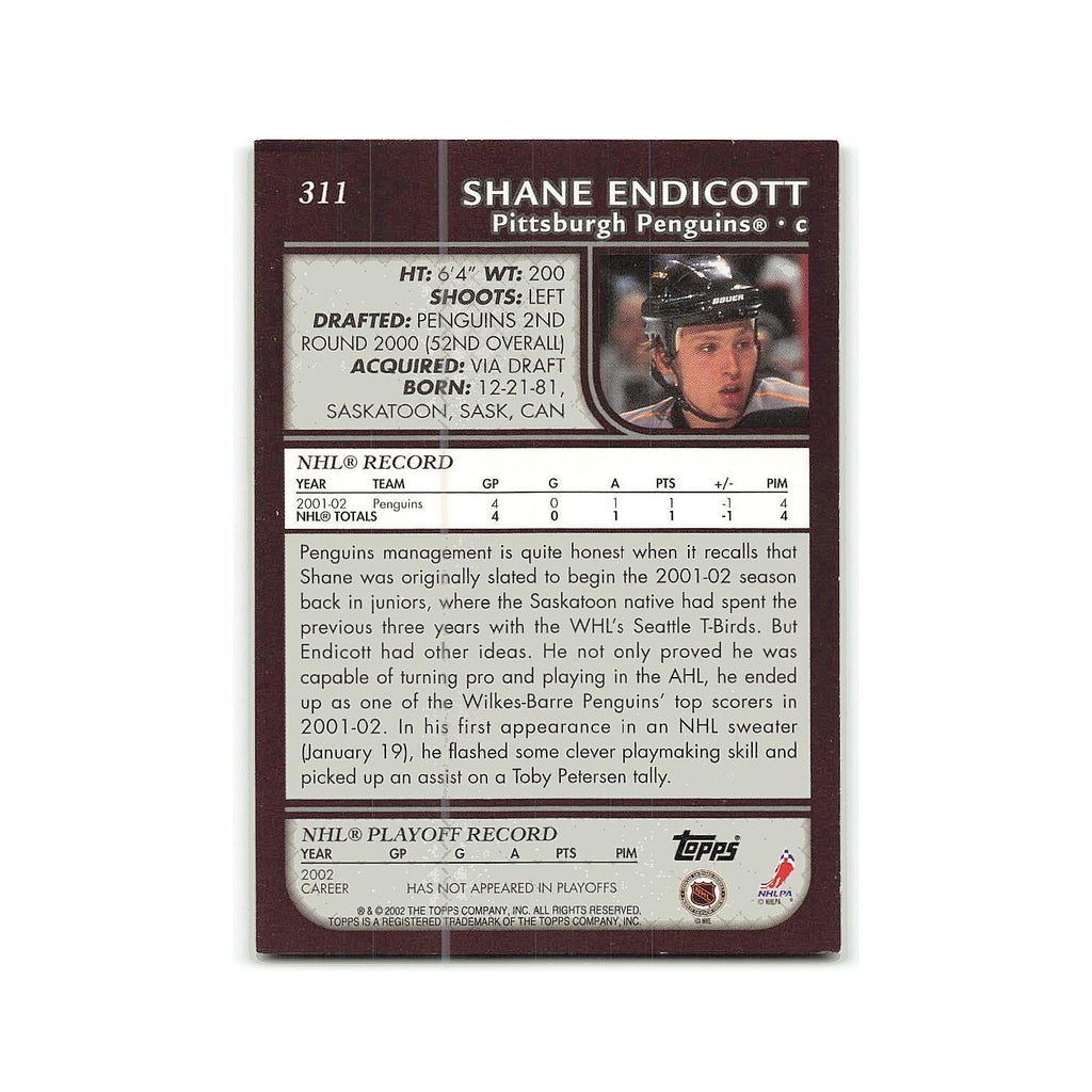 Shane Endicott 2002 Topps #311 Pittsburgh Penguins Hockey Card NM