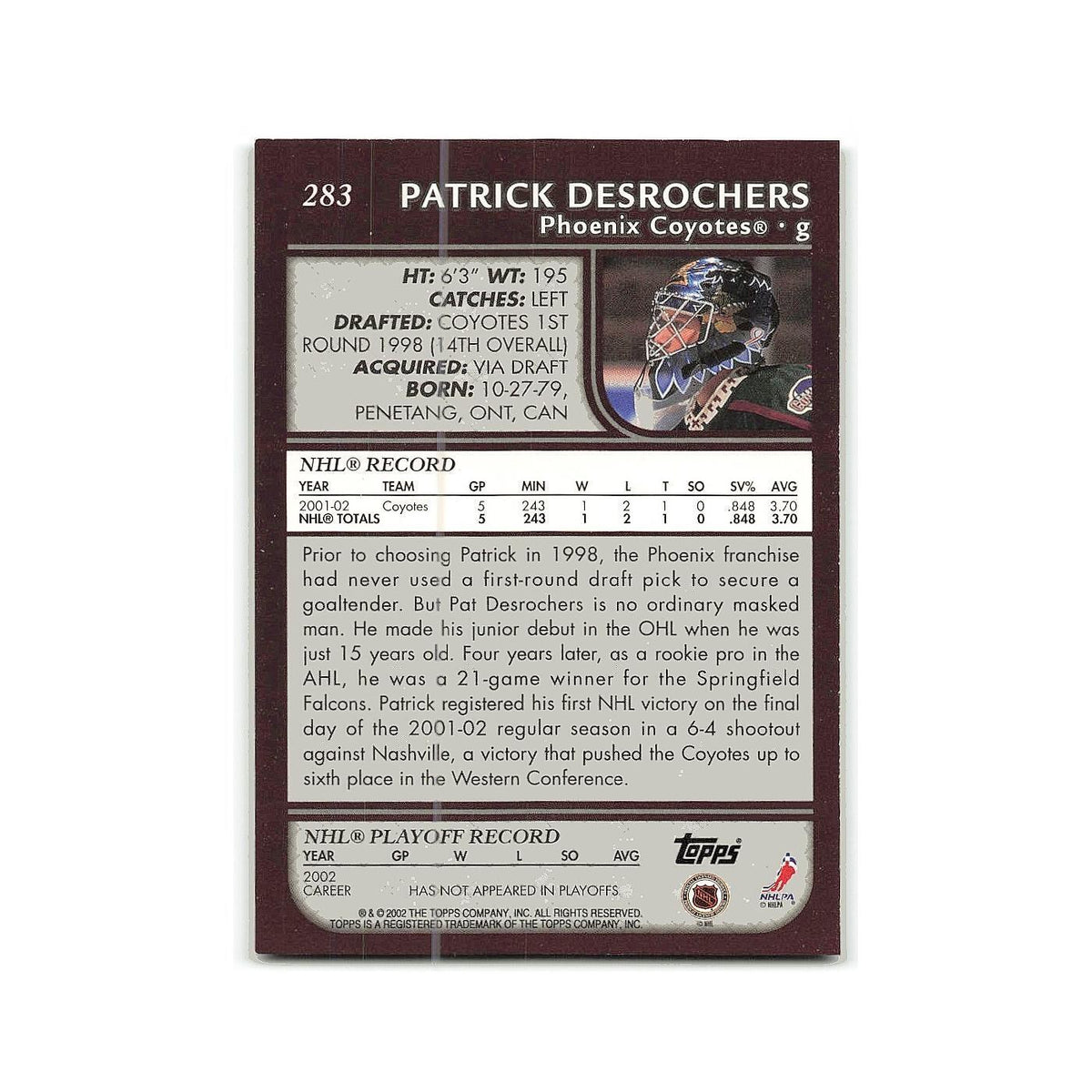 Patrick DesRochers 2002 Topps #283 Phoenix Coyotes Hockey Card NM