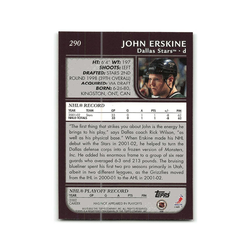 John Erskine 2002 Topps #290 Dallas Stars Hockey Card NM