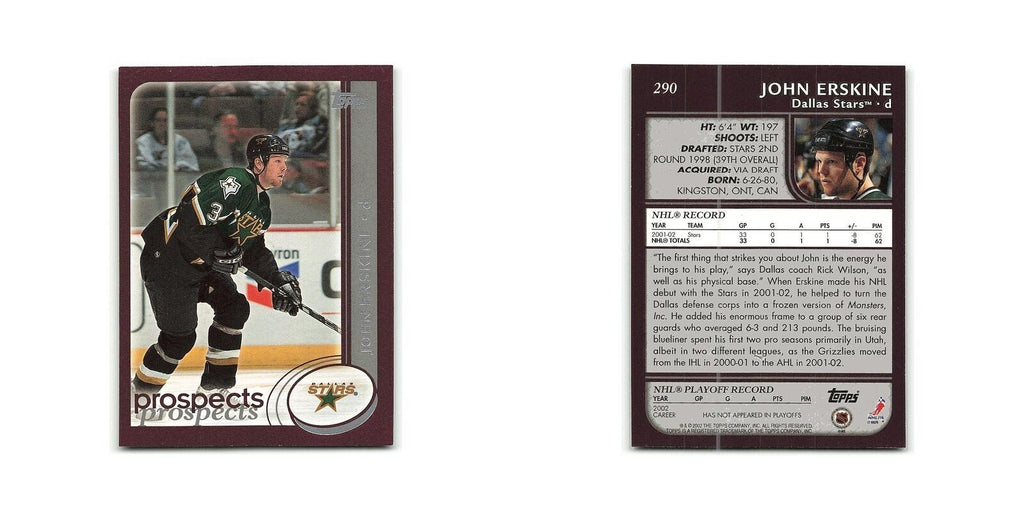 John Erskine 2002 Topps #290 Dallas Stars Hockey Card NM