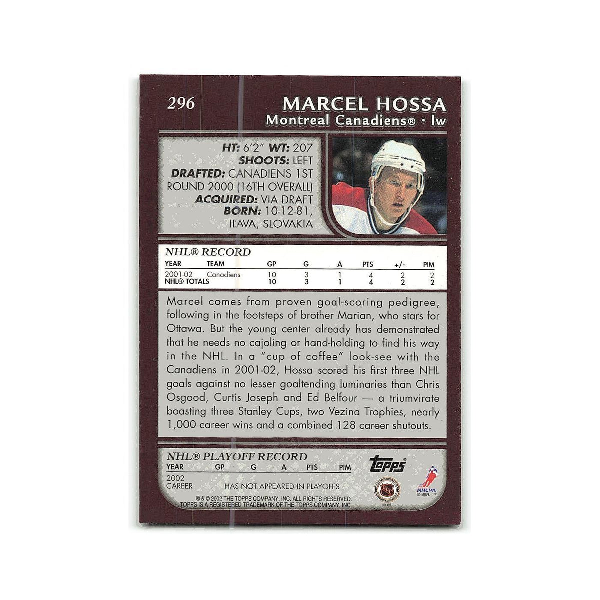 Marcel Hossa 2002 Topps #296 Montreal Canadiens Hockey Card NM