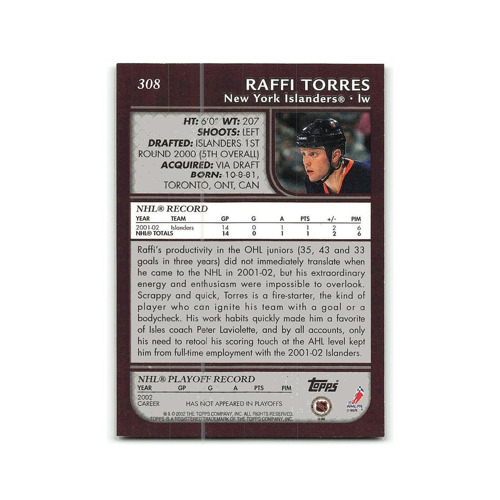Raffi Torres 2002 Topps #308 New York Islanders Hockey Card NM