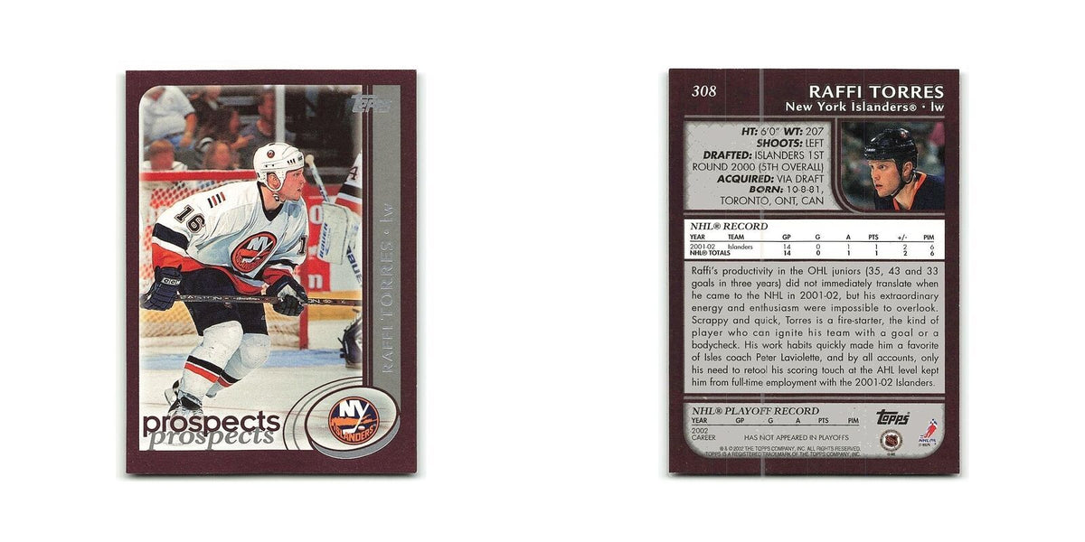 Raffi Torres 2002 Topps #308 New York Islanders Hockey Card NM