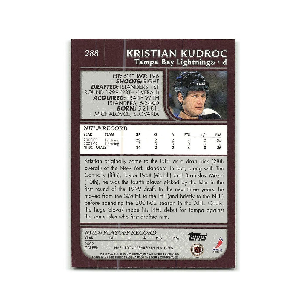 Kristian Kudroc 2002 Topps #288 Tampa Bay Lightning Hockey Card NM