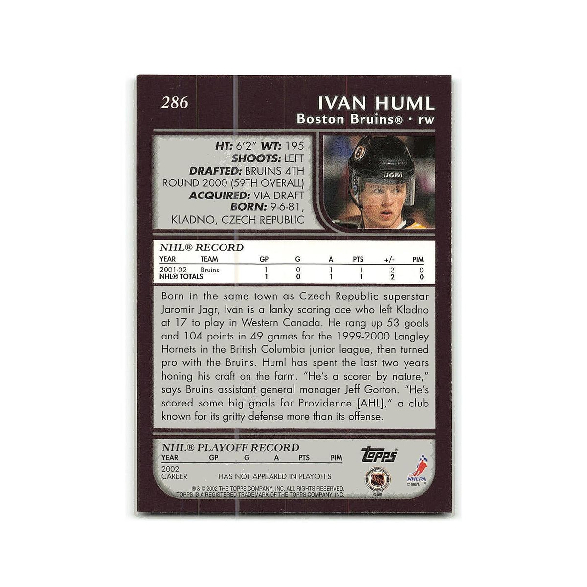 Ivan Huml 2002 Topps #286 Boston Bruins Hockey Card NM