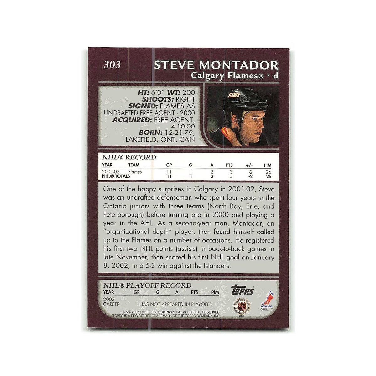 Steve Montador 2002 Topps #303 Calgary Flames Hockey Card NM