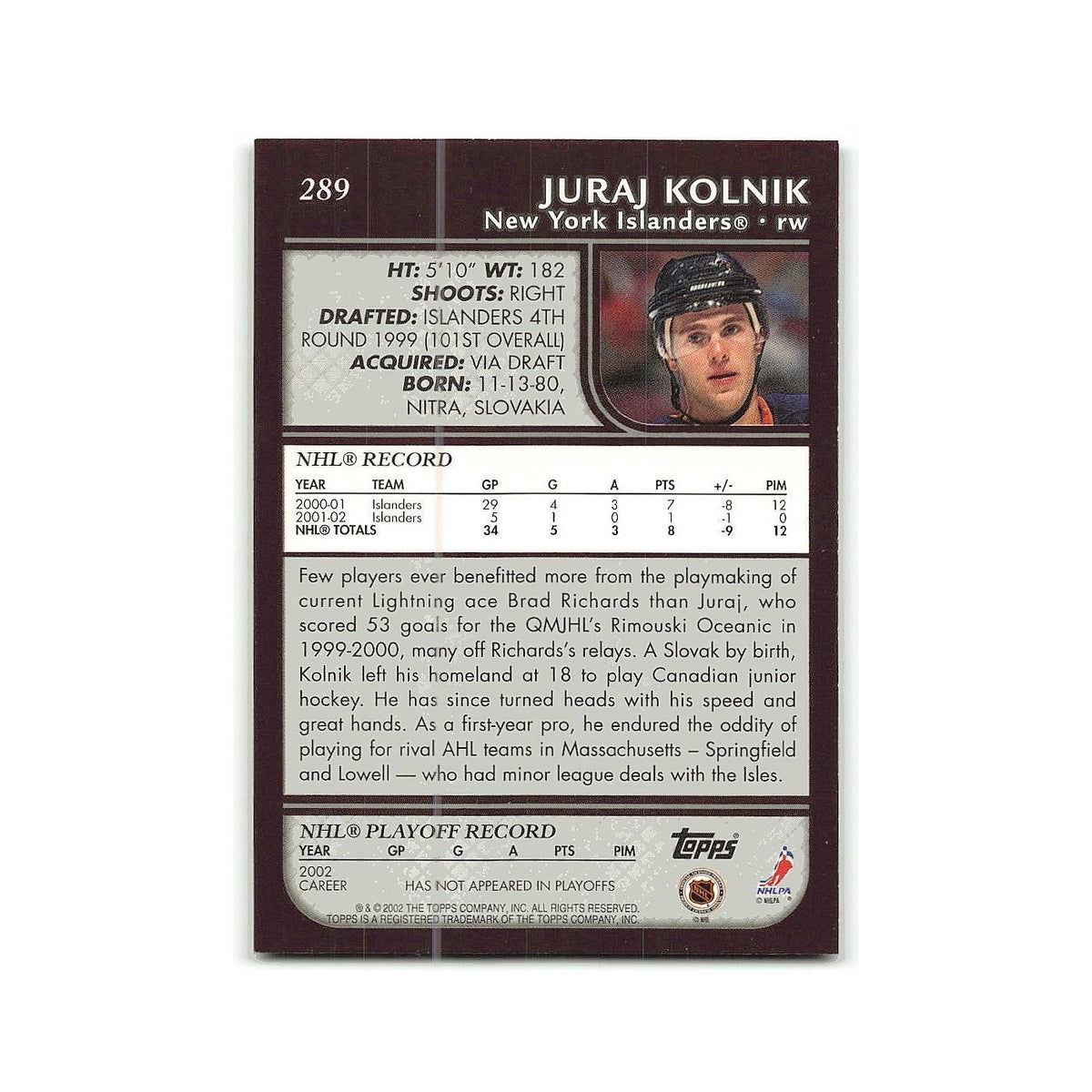 Juraj Kolnik 2002 Topps #289 New York Islanders Hockey Card NM