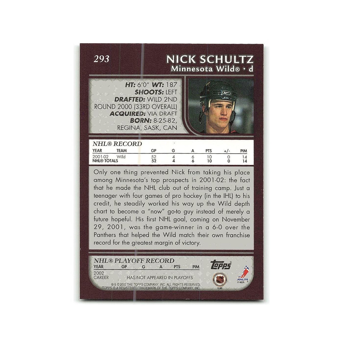Nick Schultz 2002 Topps #293 Minnesota Wild Hockey Card NM