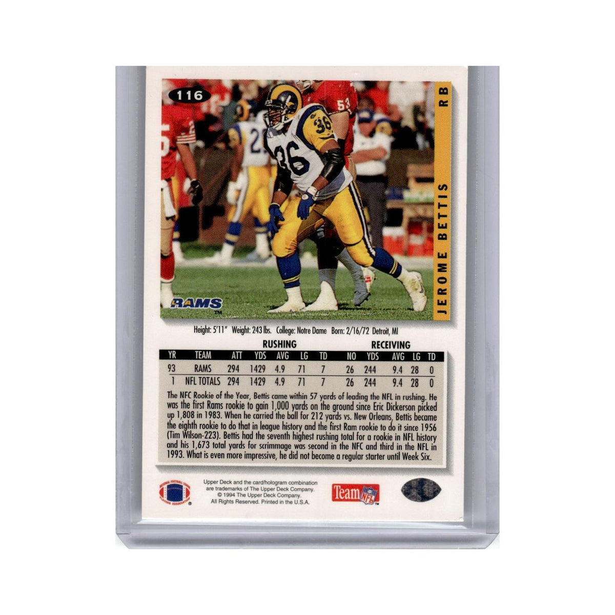 Jerome Bettis 1994 Collector's Choice #116 Los Angeles Rams Football Card NM