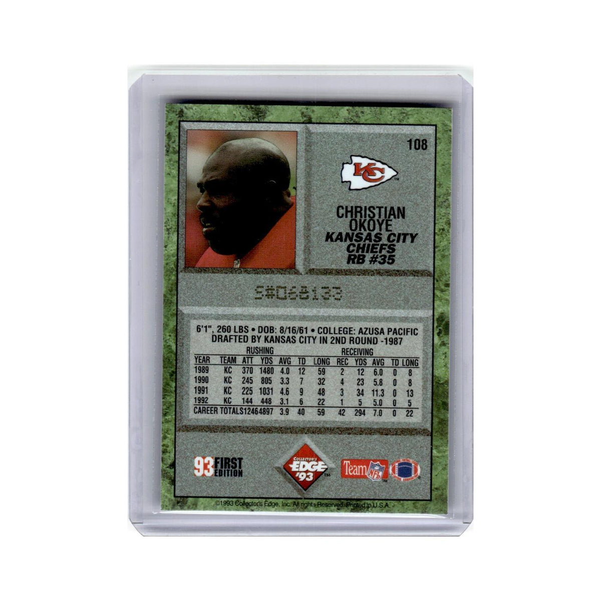 Christian Okoye 1993 Collector's Edge #108 Kansas City Chiefs Football Card NM