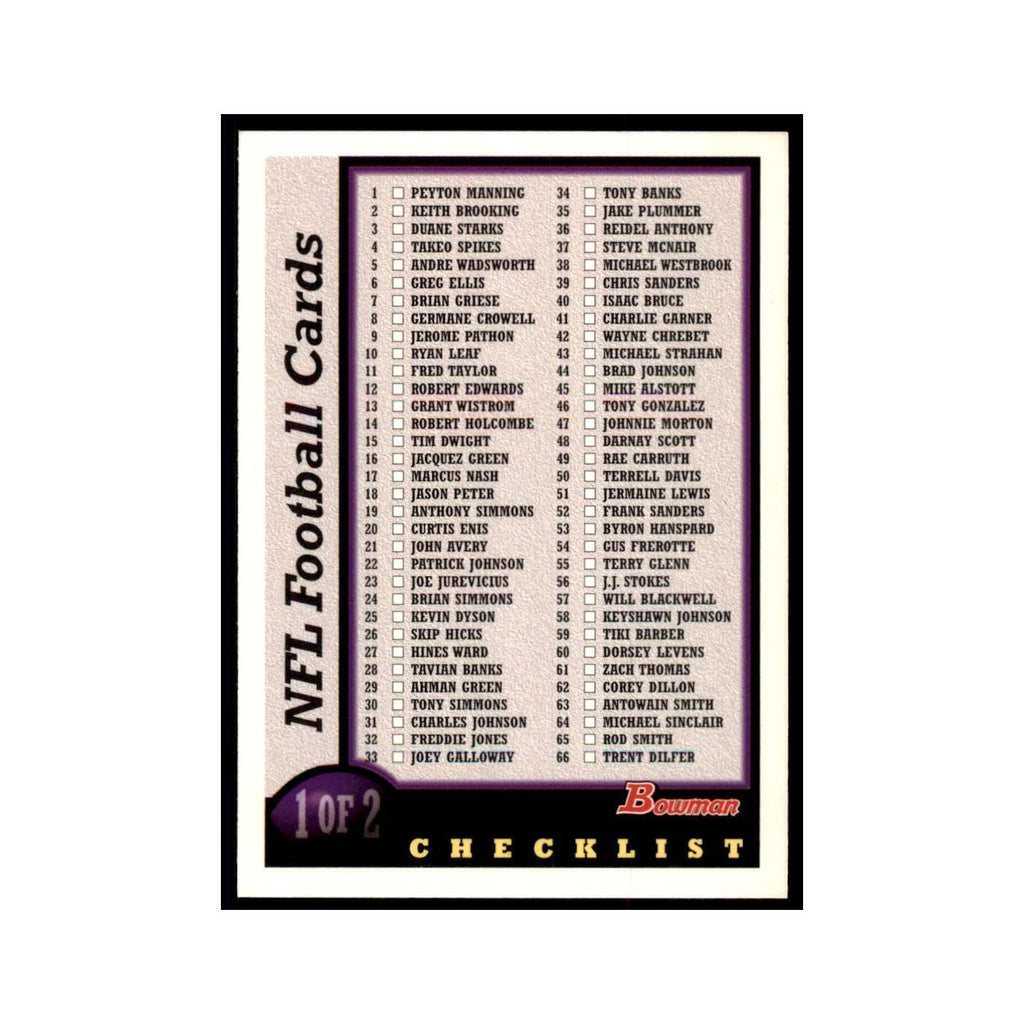 1998 Bowman Checklist Football Cards #1 OF 2