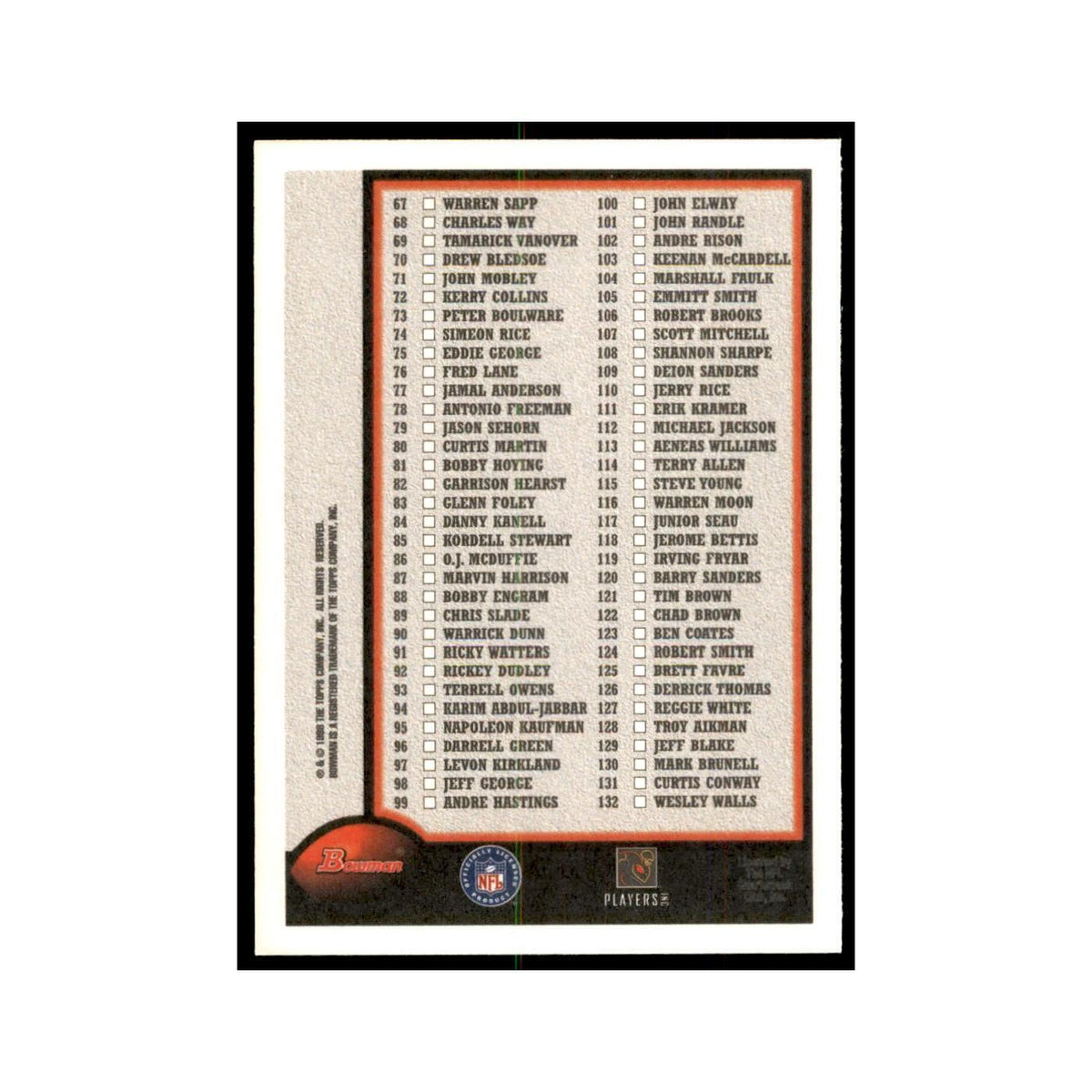 1998 Bowman Checklist Football Cards #1 OF 2