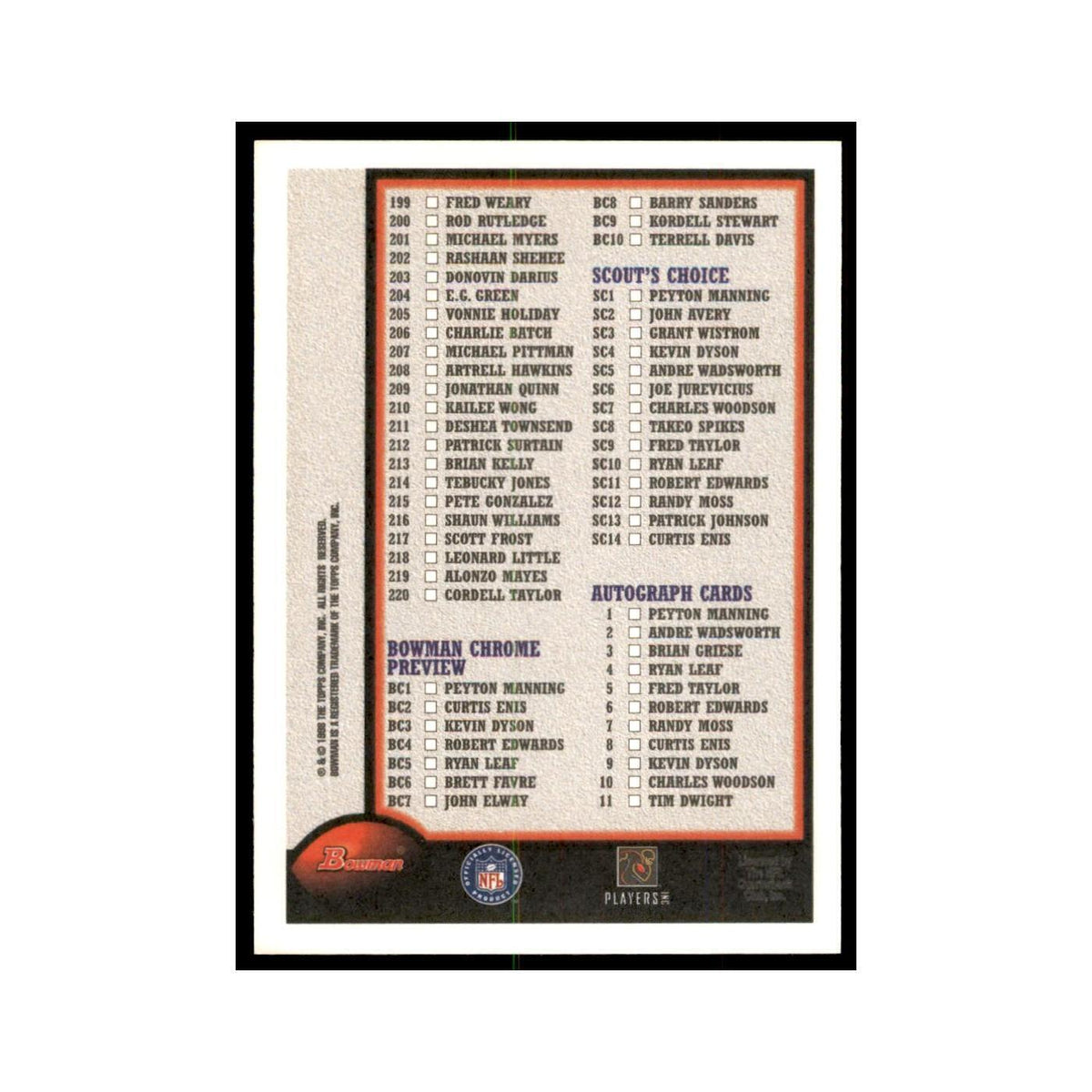 1998 Bowman Checklist Football Cards #2 OF 2