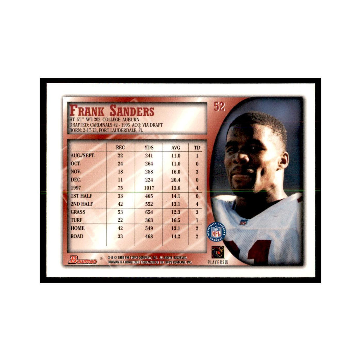 1998 Bowman Frank Sanders Football Cards #52