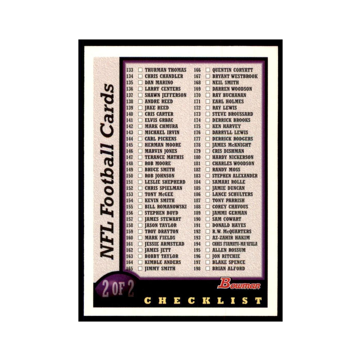 1998 Bowman Checklist Football Cards #2 OF 2