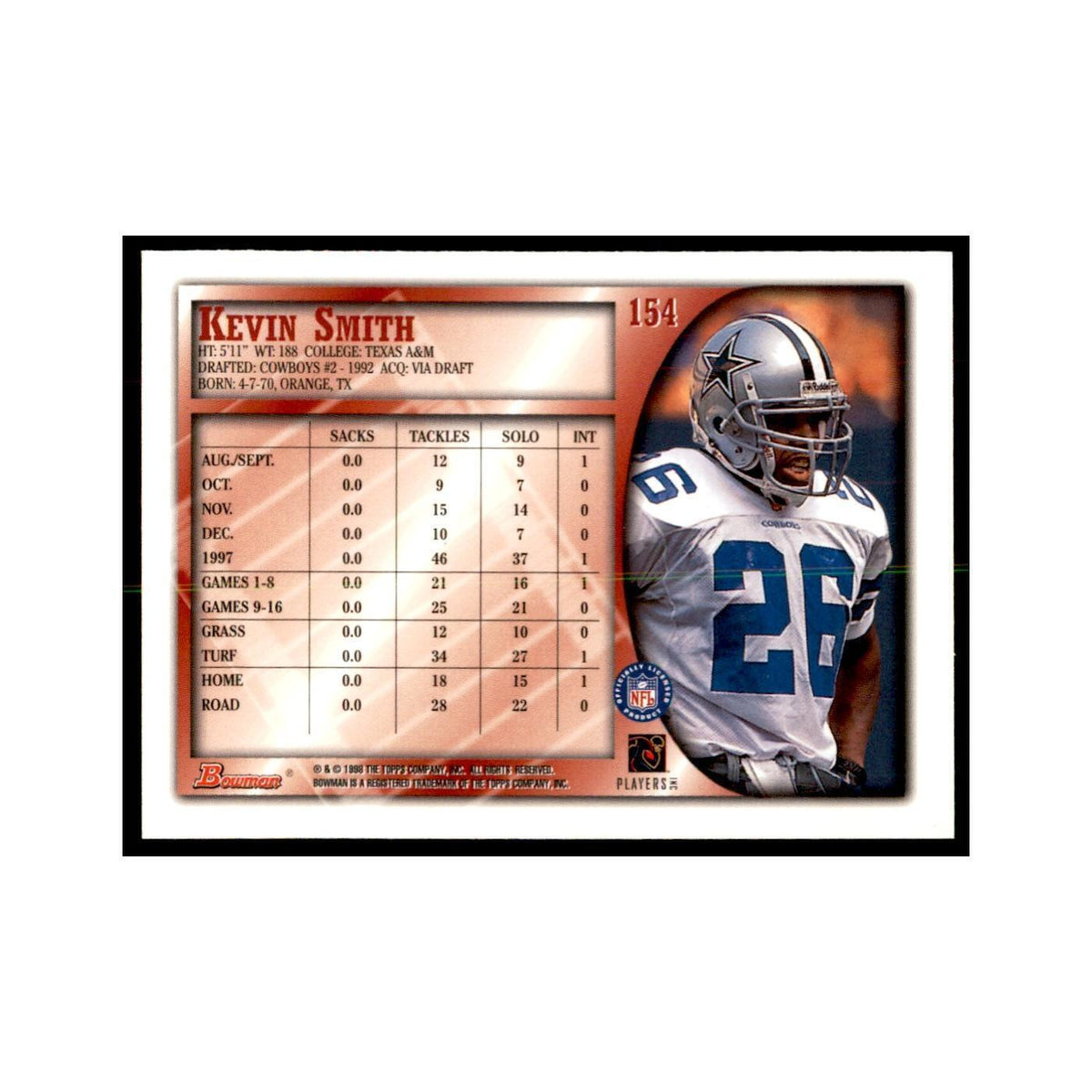 1998 Bowman Kevin Smith Football Cards #154