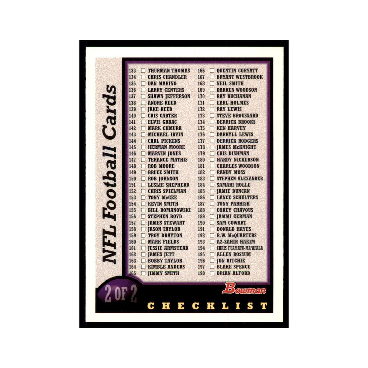 1998 Bowman Checklist Football Cards #2 OF 2