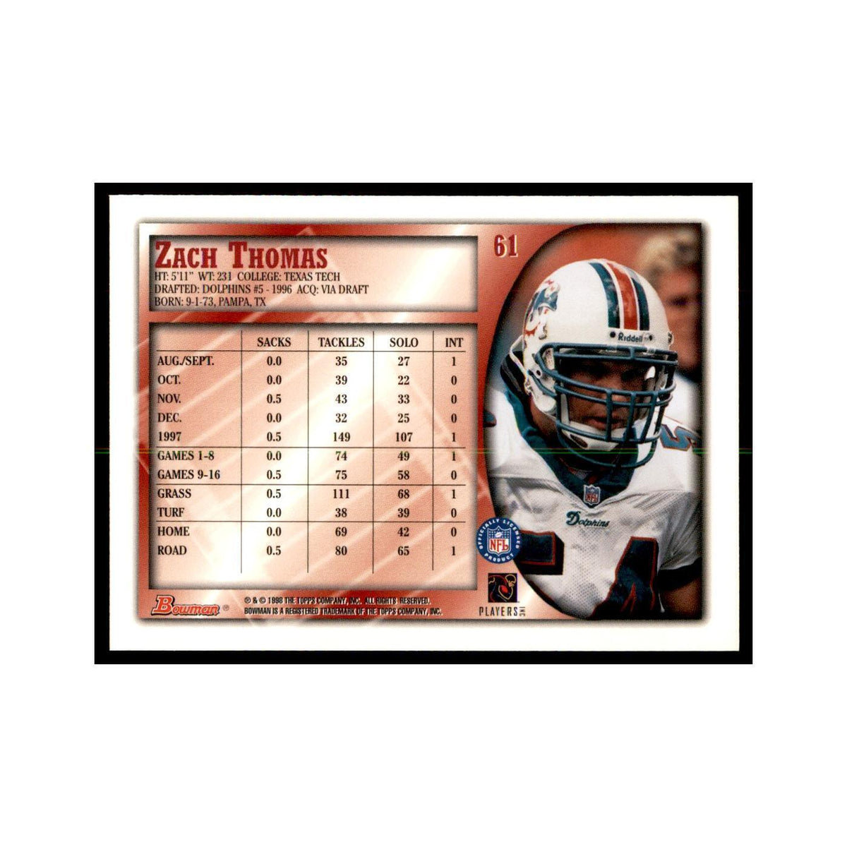1998 Bowman Zach Thomas Football Cards #61