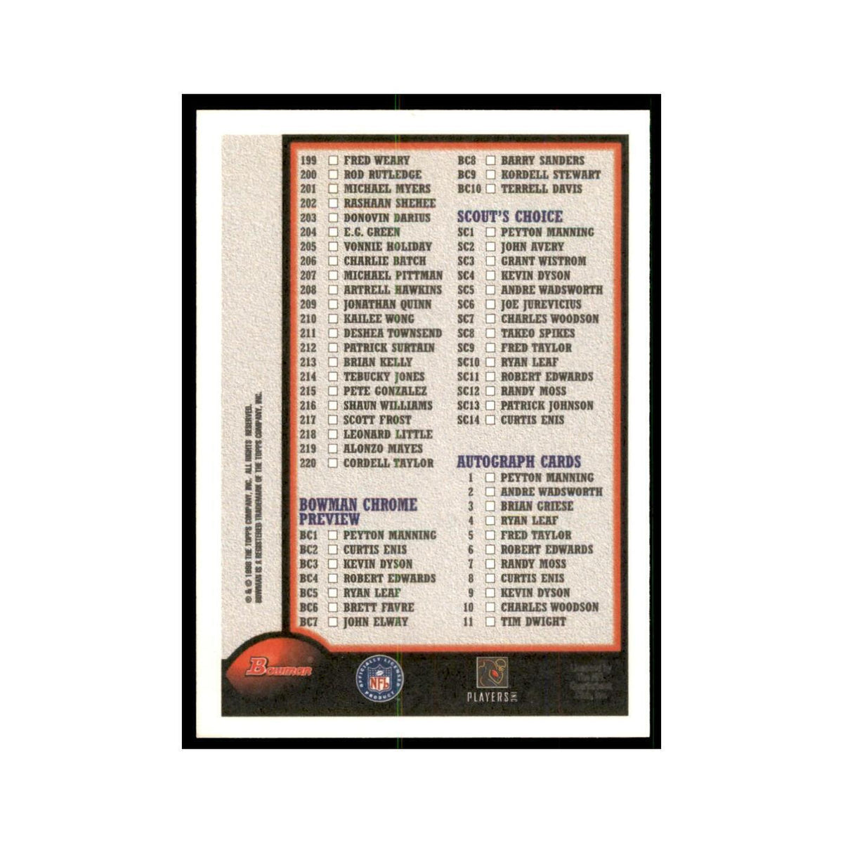 1998 Bowman Checklist Football Cards #2 OF 2