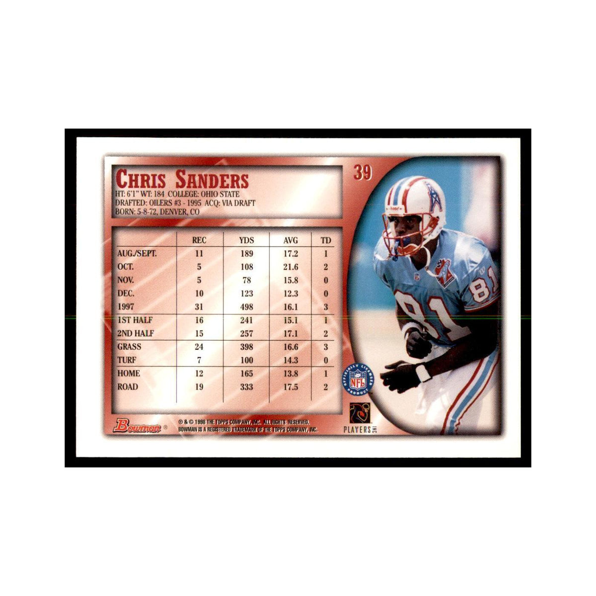 1998 Bowman Chris Sanders Football Cards #39