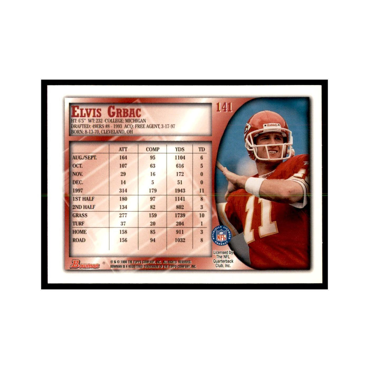 1998 Bowman Elvis Grbac Football Cards #141