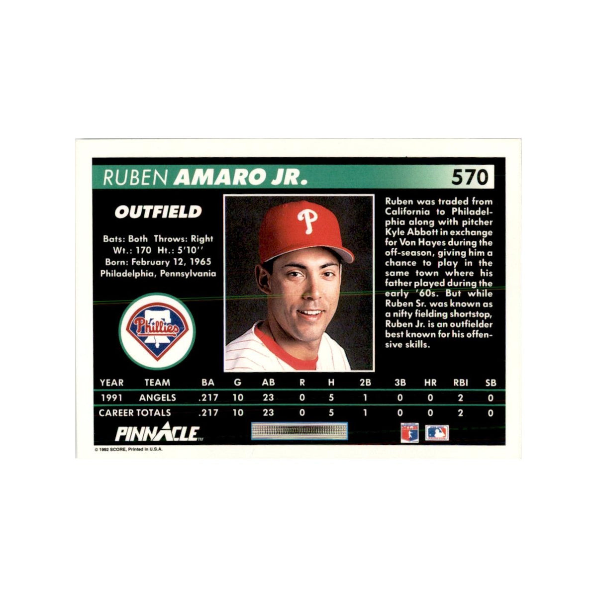 1992 Pinnacle Ruben Amaro Jr. Baseball Cards #570