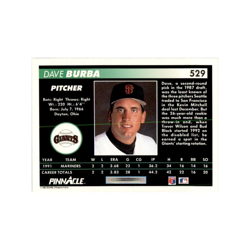 1992 Pinnacle Dave Burba Baseball Cards #529