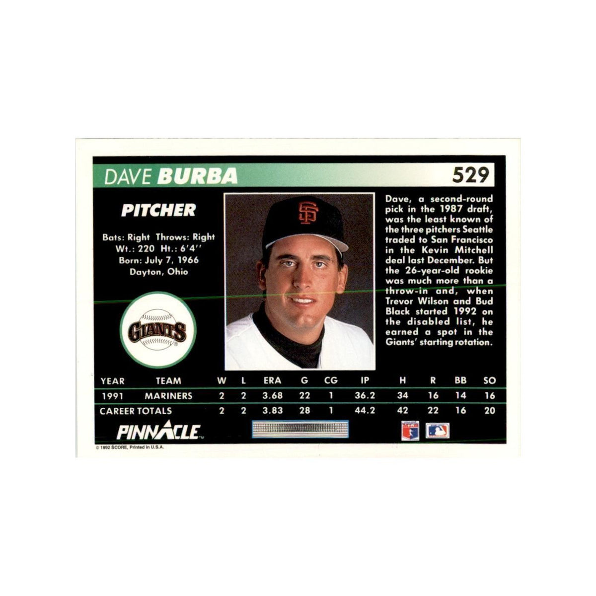 1992 Pinnacle Dave Burba Baseball Cards #529