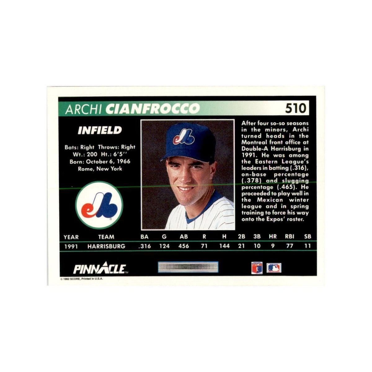 1992 Pinnacle Archi Cianfrocco Baseball Cards #510