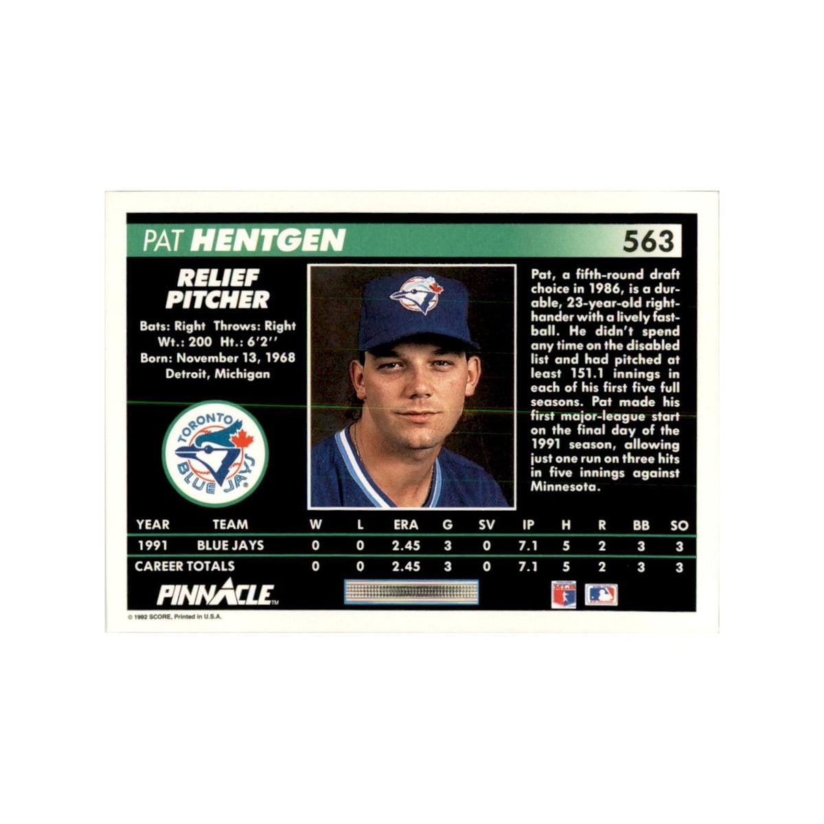1992 Pinnacle Pat Hentgen Baseball Cards #563
