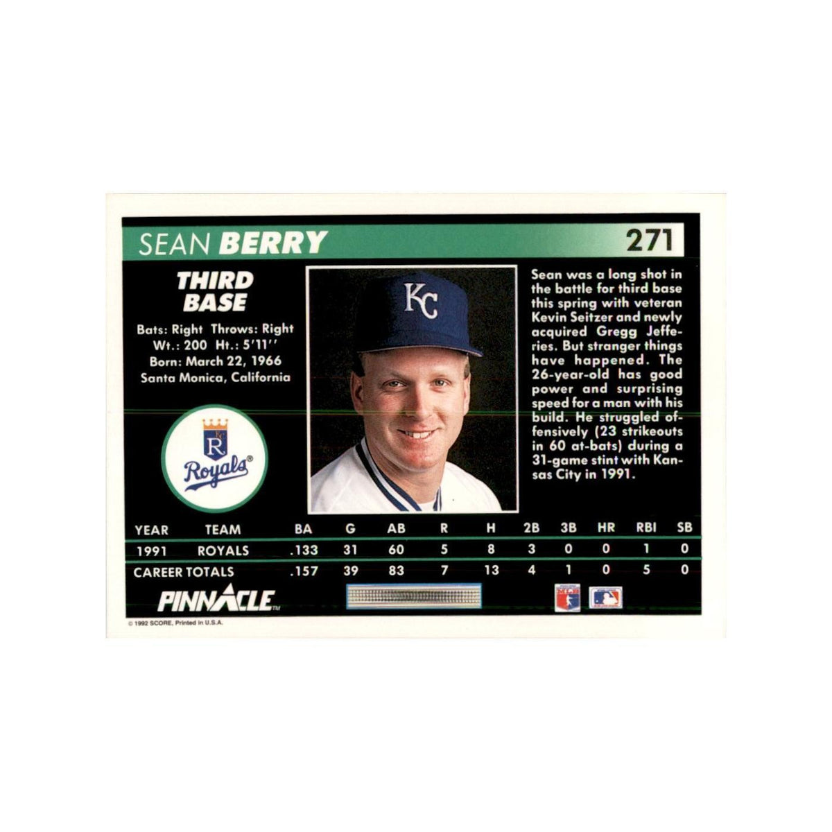 1992 Pinnacle Sean Berry Baseball Cards #271
