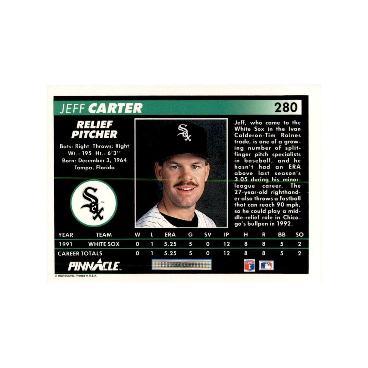1992 Pinnacle Jeff Carter Baseball Cards #280