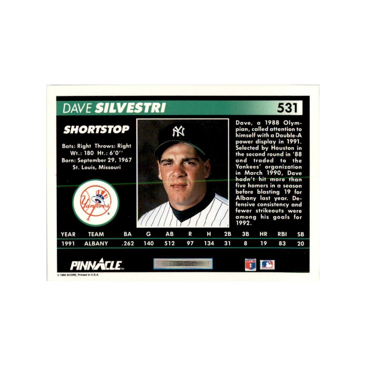 1992 Pinnacle Dave Silvestri Baseball Cards #531
