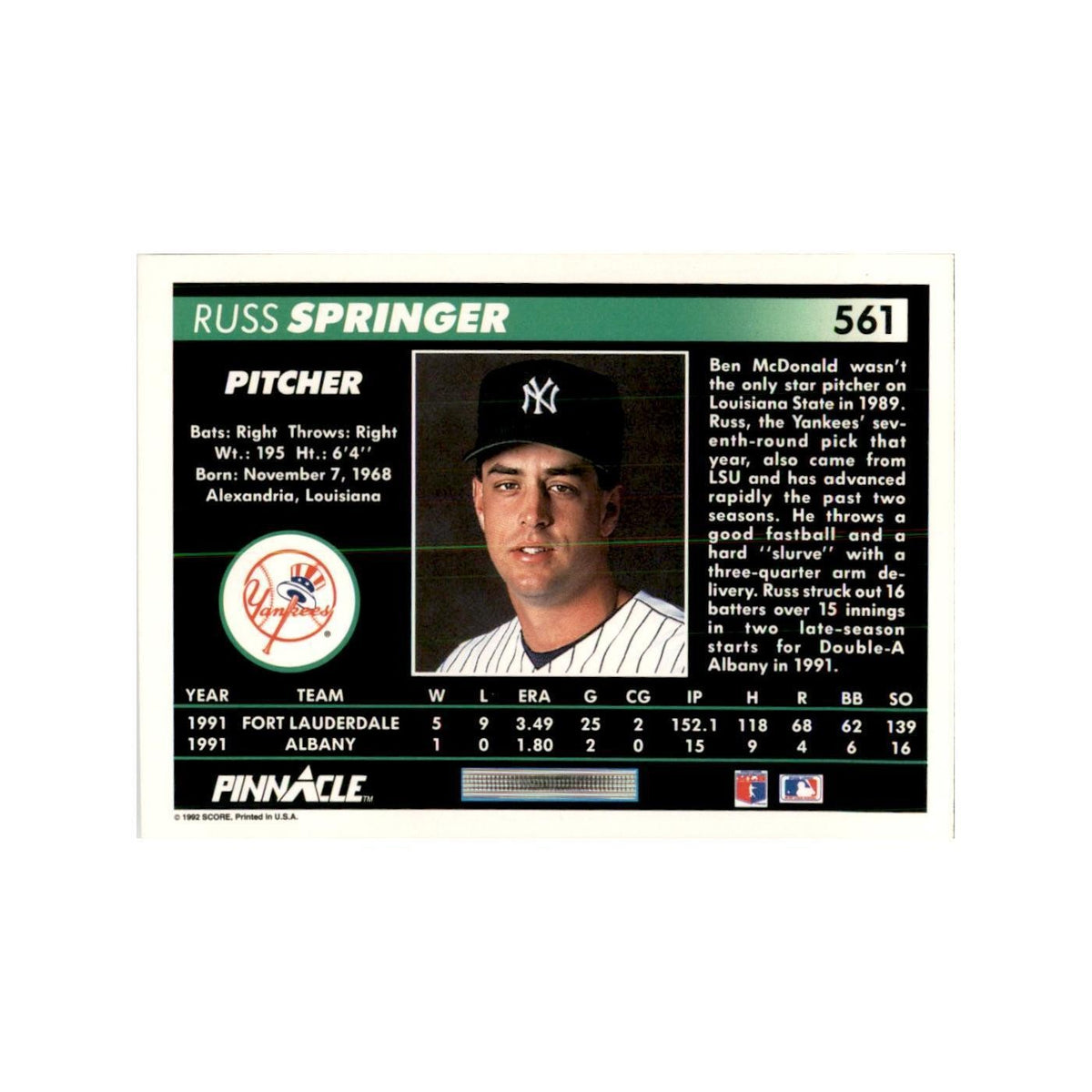 1992 Pinnacle Russ Springer Baseball Cards #561