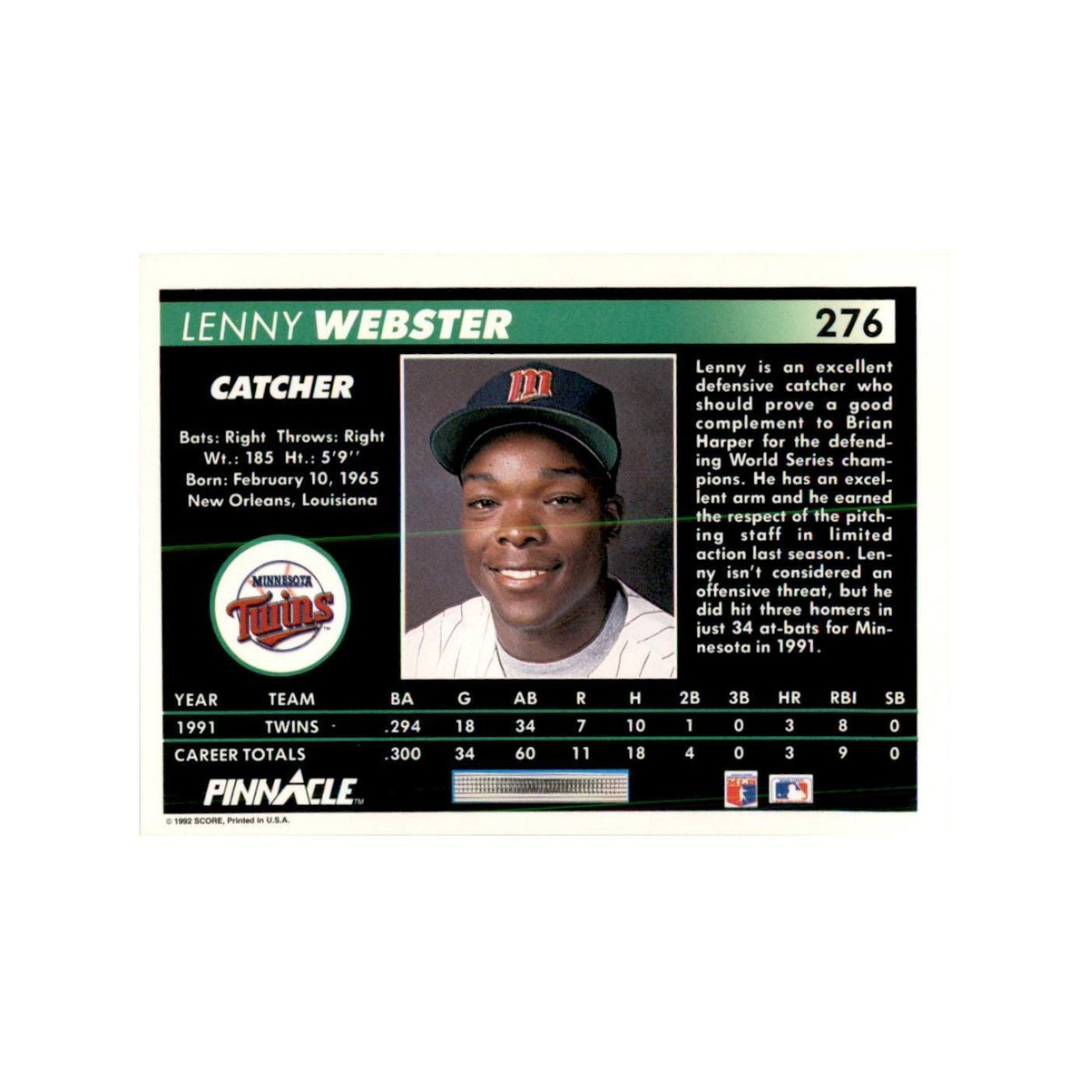1992 Pinnacle Lenny Webster Baseball Cards #276
