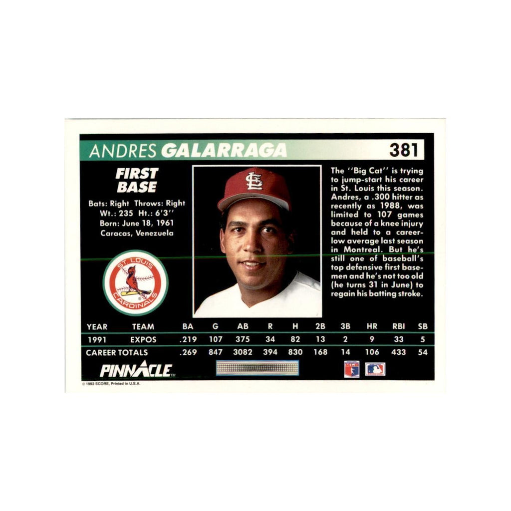 1992 Pinnacle Andres Galarraga Baseball Cards #381