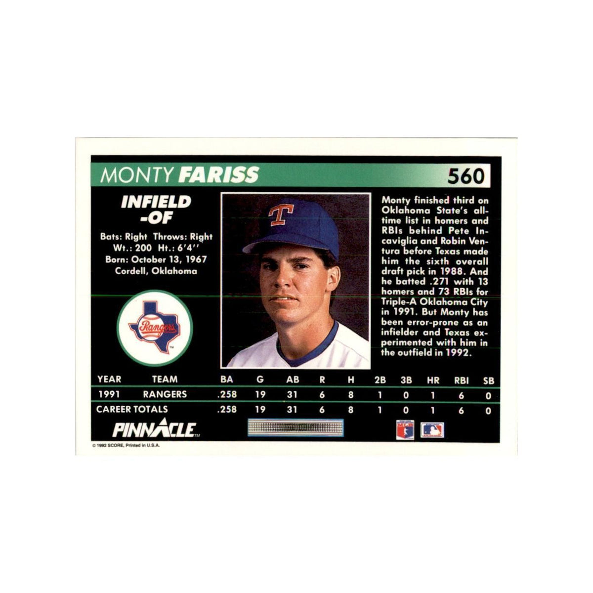 1992 Pinnacle Monty Fariss Baseball Cards #560
