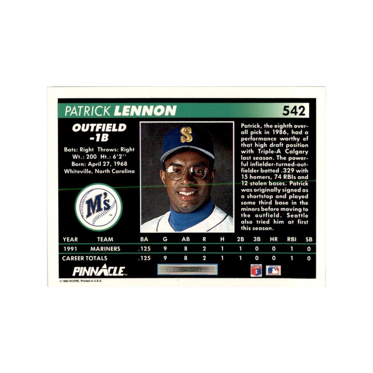 1992 Pinnacle Patrick Lennon Baseball Cards #542