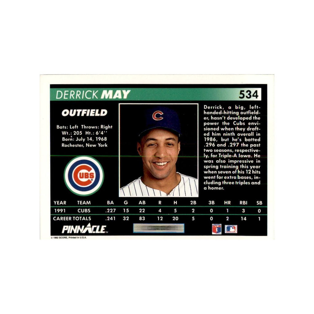 1992 Pinnacle Derrick May Baseball Cards #534