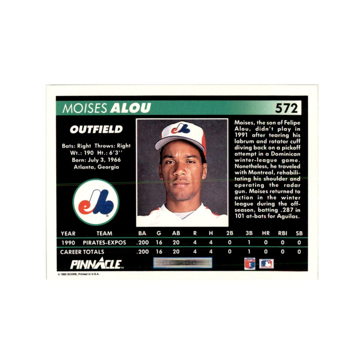 1992 Pinnacle Moises Alou Baseball Cards #572