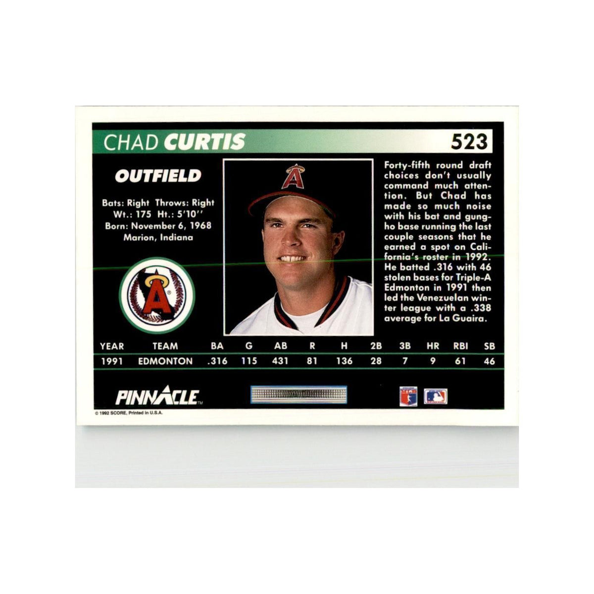 1992 Pinnacle Chad Curtis Baseball Cards #523