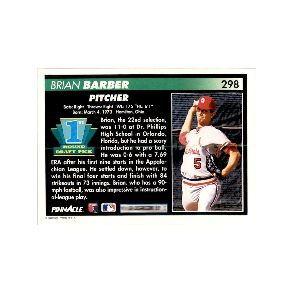 1992 Pinnacle Brian Barber Baseball Cards #298