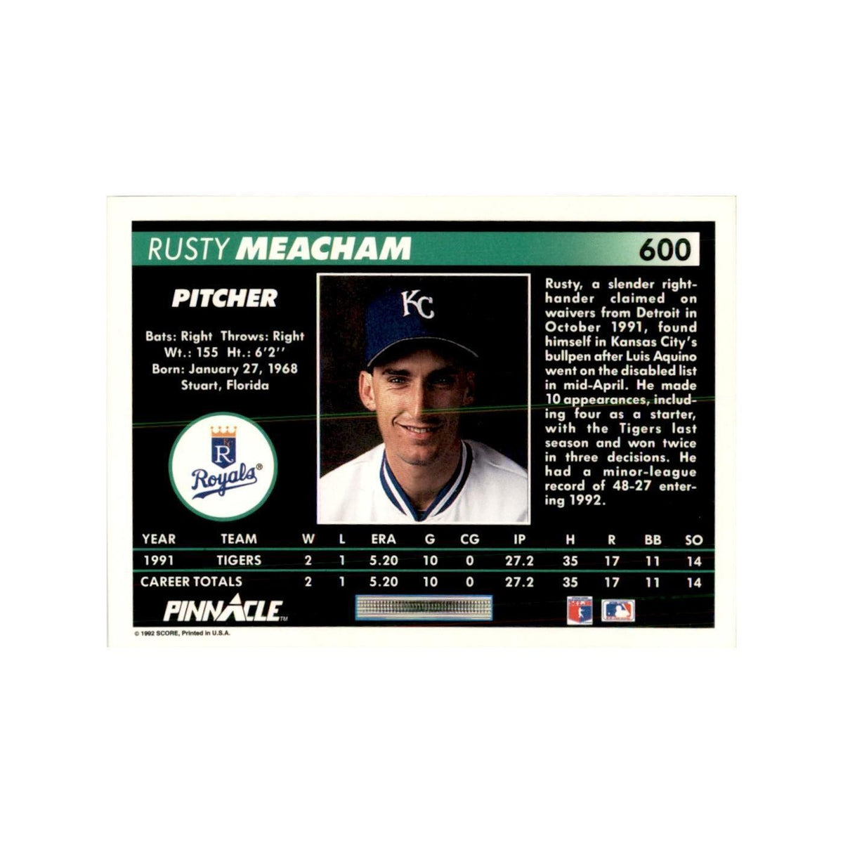 1992 Pinnacle Rusty Meacham Baseball Cards #600