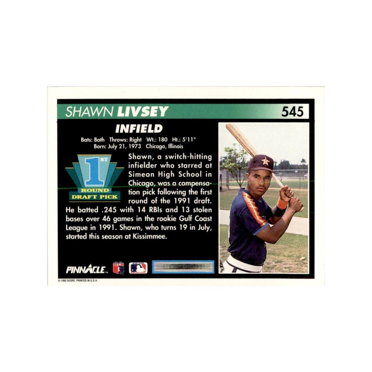 1992 Pinnacle Shawn Livsey Baseball Cards #545