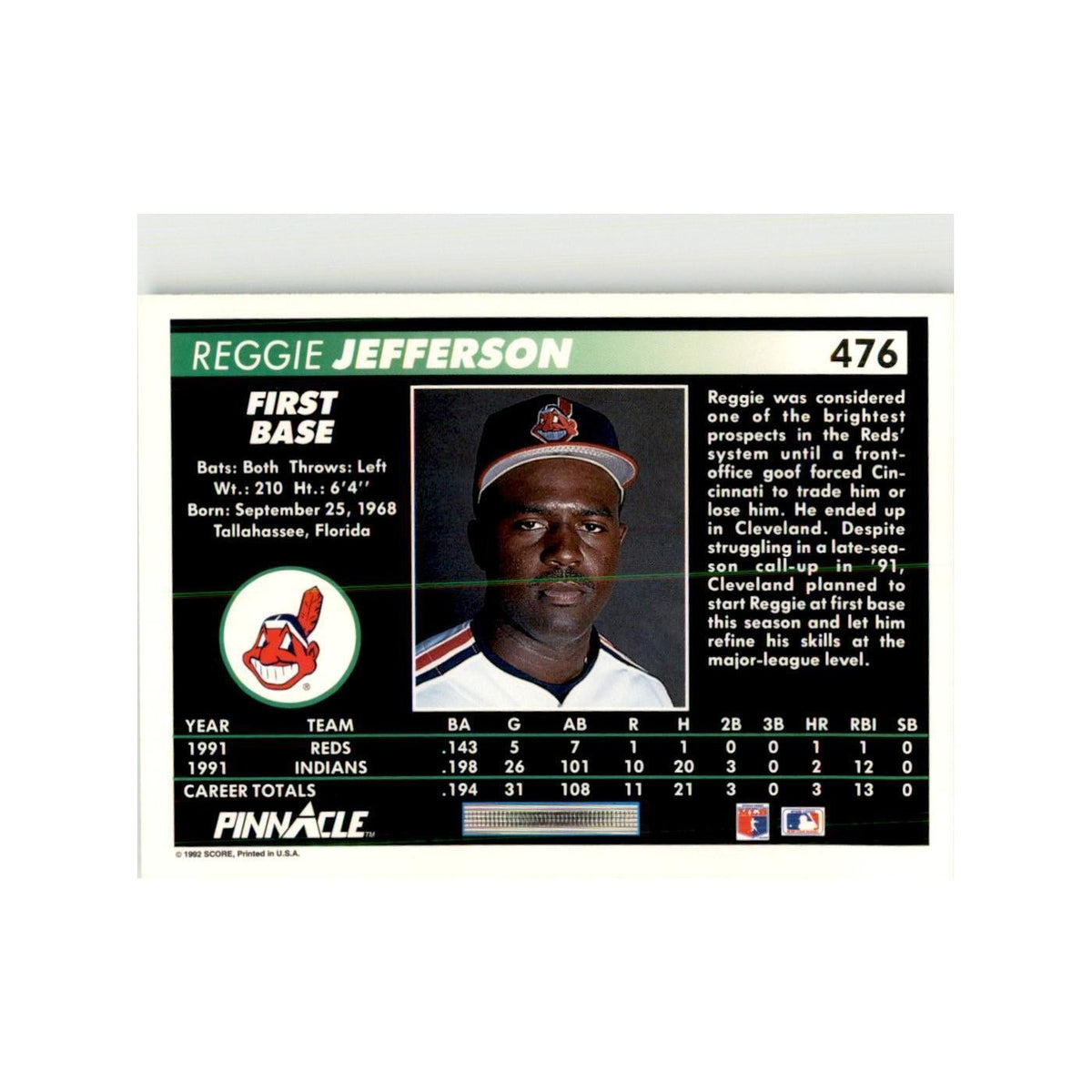 1992 Pinnacle Reggie Jefferson Baseball Cards #476