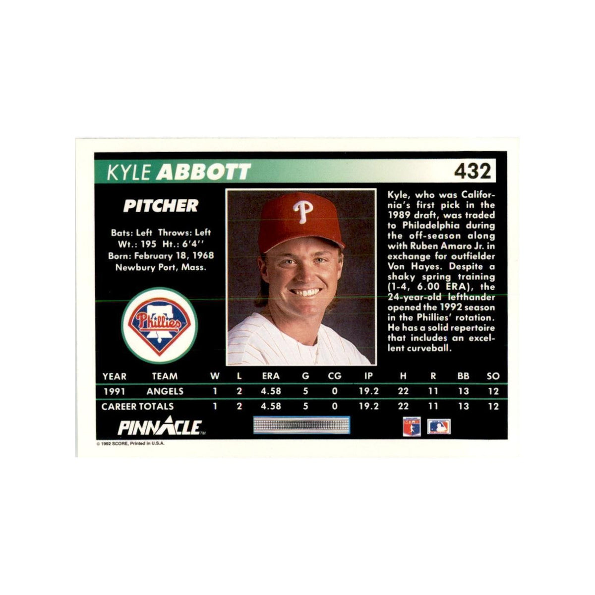 1992 Pinnacle Kyle Abbott Baseball Cards #432