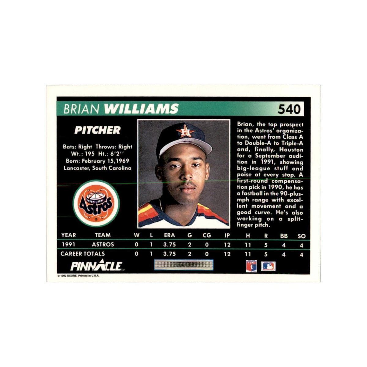 1992 Pinnacle Brian Williams Baseball Cards #540