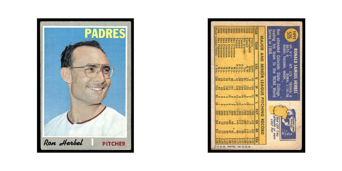 Ron Herbel 1970 Topps (Damaged) #526 San Diego Padres Baseball Card Poor