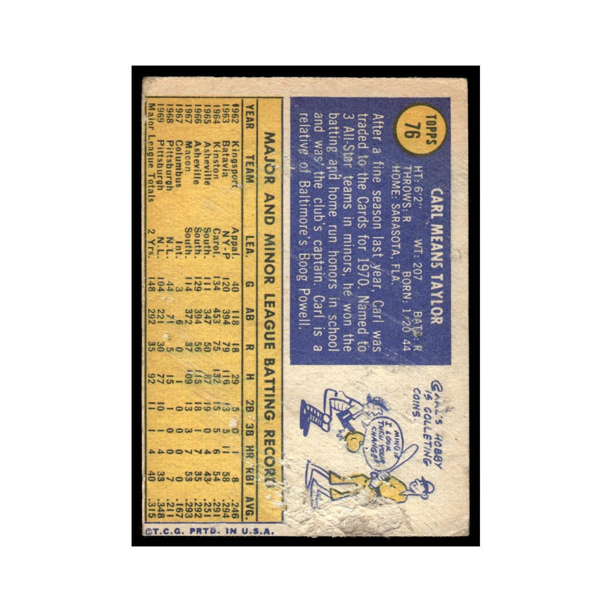 Carl Taylor 1970 Topps (Damaged) #76 St. Louis Cardinals Baseball Card Poor