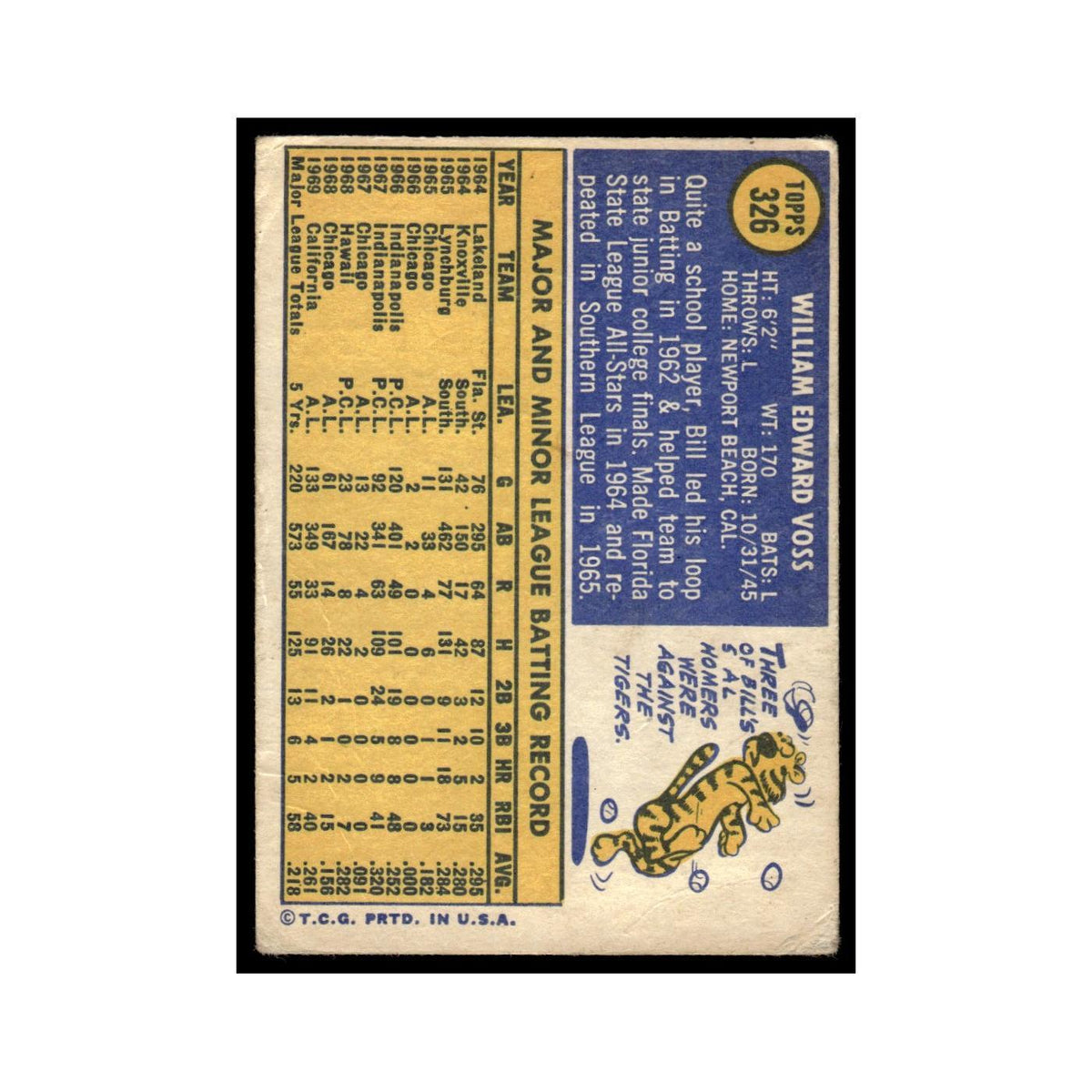 Bill Voss 1970 Topps (Damaged) #326 California Angels Baseball Card Poor